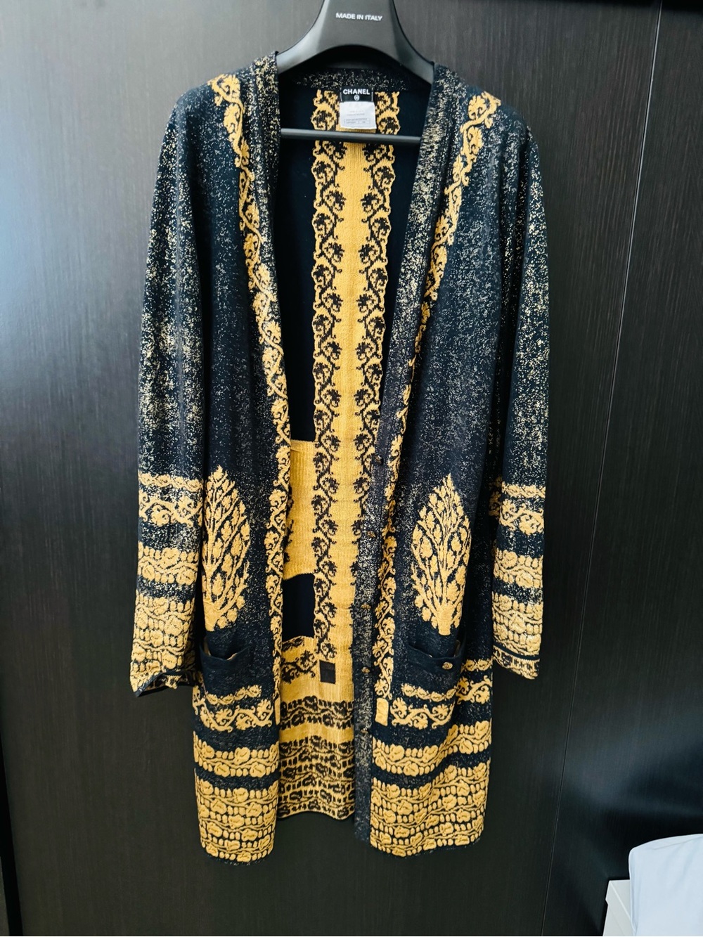 CHANEL Black and Gold Baroque Knit Long Cardigan